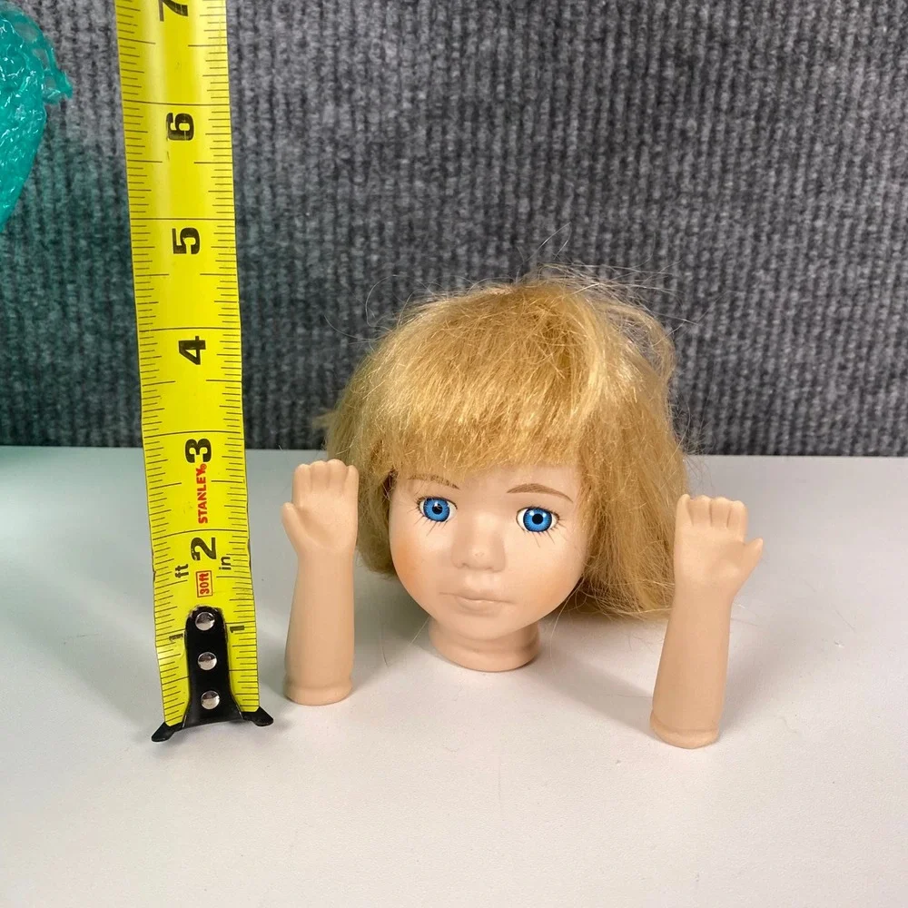 Porcelain Doll Head and Arms Set Blonde Hair Blue Eyes Doll Making Parts 3.5in